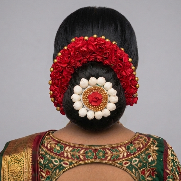 Red rose gajra with brooch