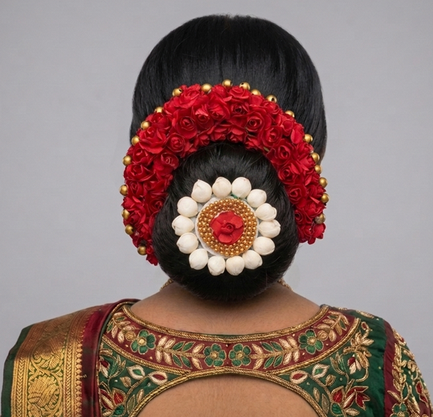 Red rose gajra with brooch