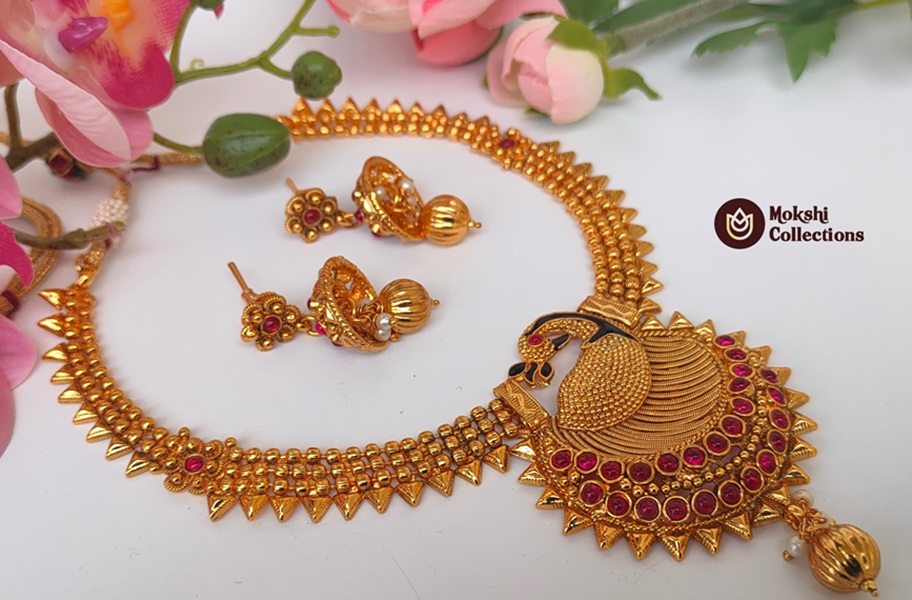 Pink Agate Peacock Necklace Set