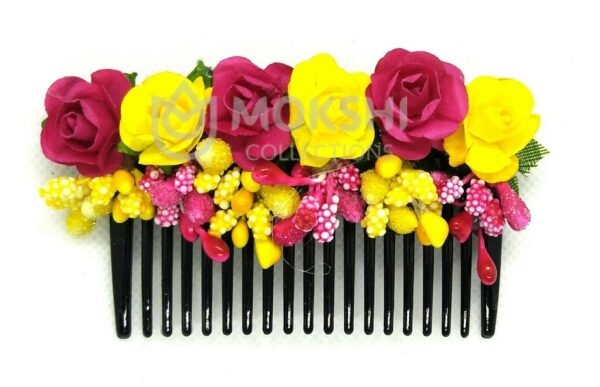 Pink and Yellow flower hair comb