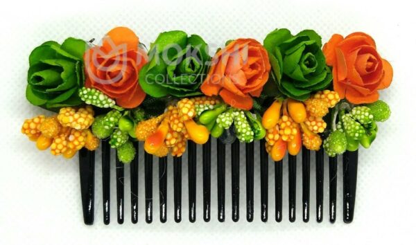 Green and Orange flower hair comb