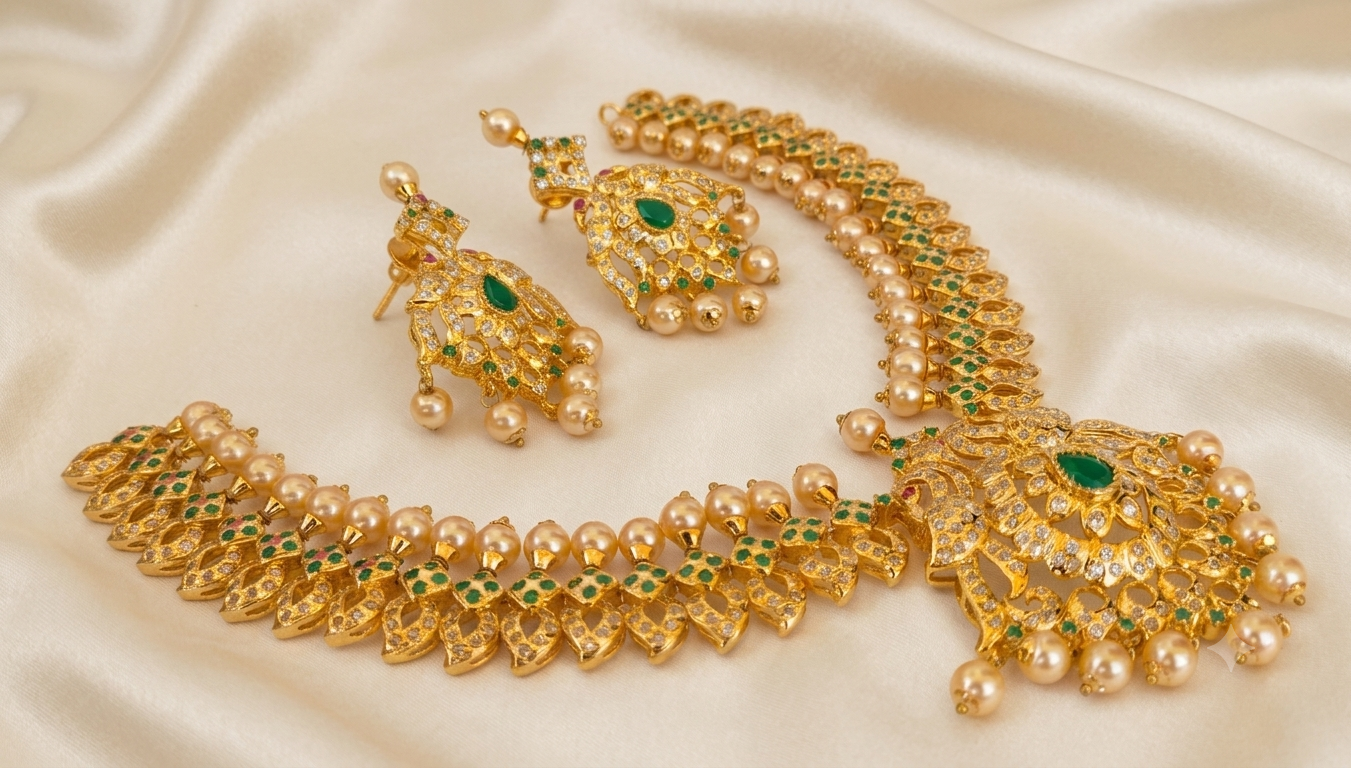 Uncuts and Emeralds Peacock Bridal Necklace Set