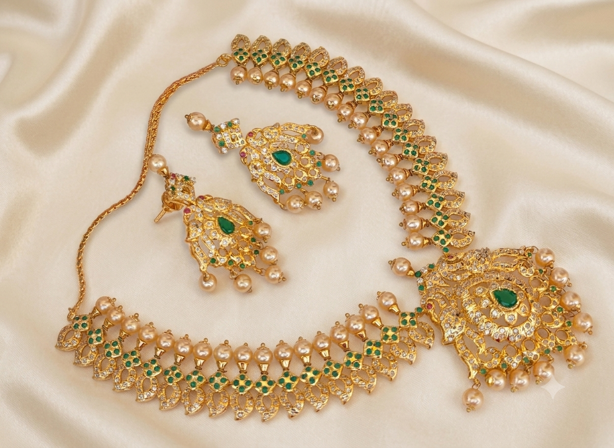 Uncuts and Emeralds Peacock Bridal Necklace Set