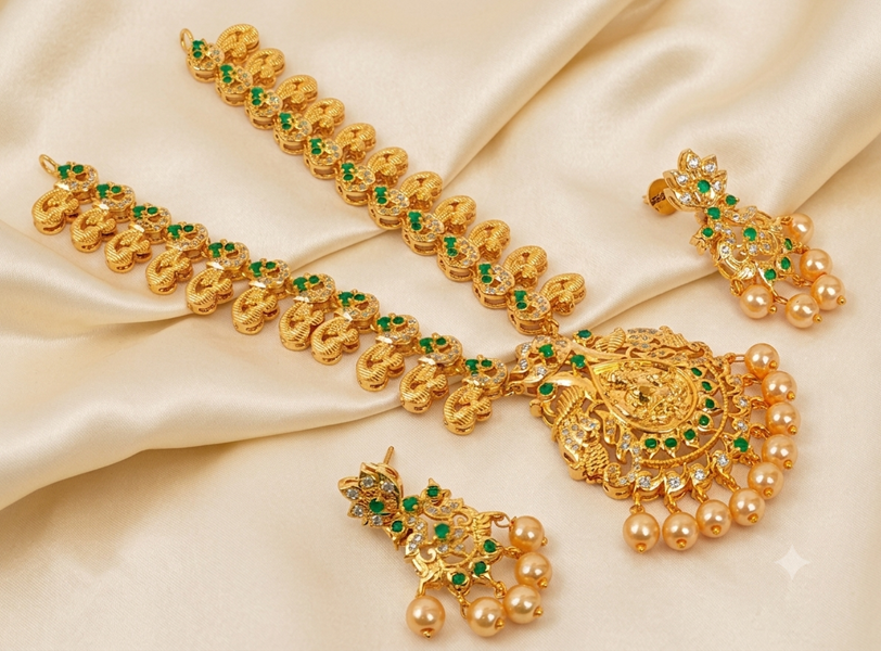 Emeralds Temple peacock Necklace Set