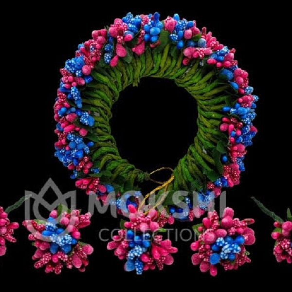 Blue Pink Pollens Gajra with Brooches