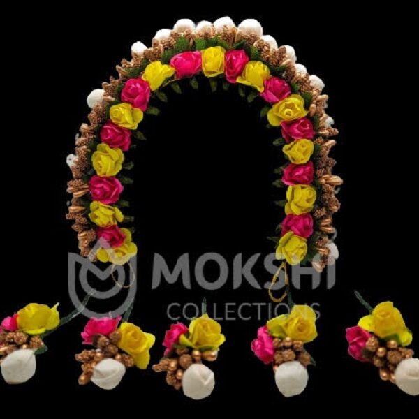 Yellow & Pink Flower Hair Gajra with brooches